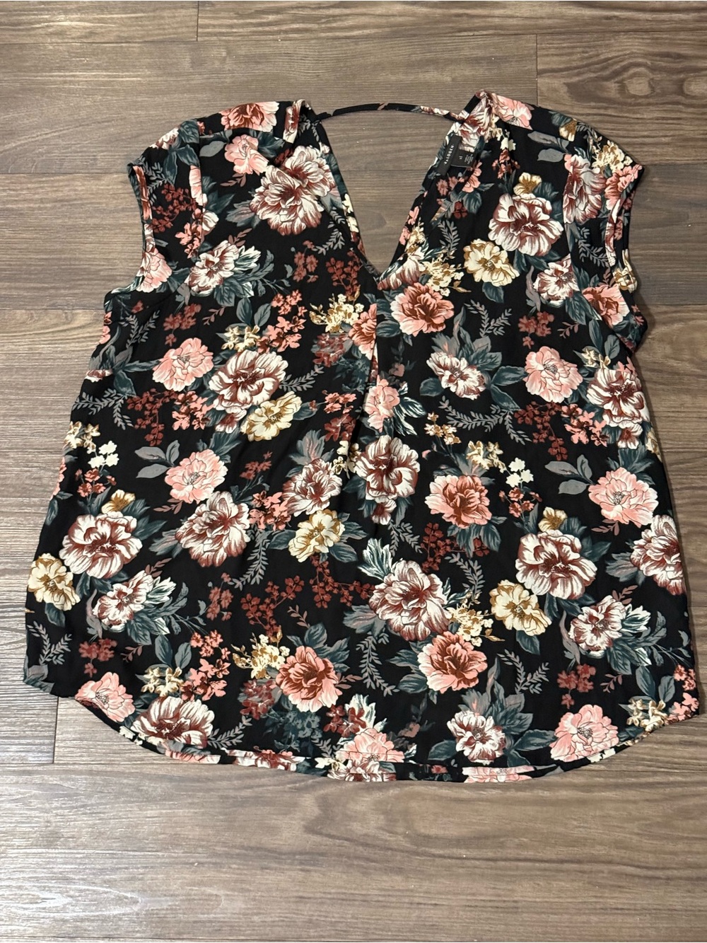Halogen Black Floral V-Neck Blouse with Peach and Cream Blooms